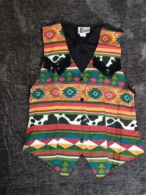 Vintage "Jeans Wear" Aztec Tribal Western Vest Multicolor Fringe womens: Small